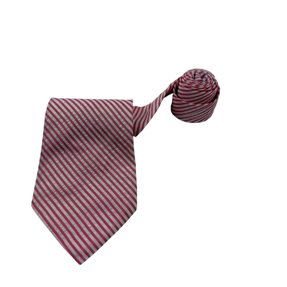 Polo Ralph Lauren Pink White Stripe Silk Seersucker‎ Tie Handmade Italy